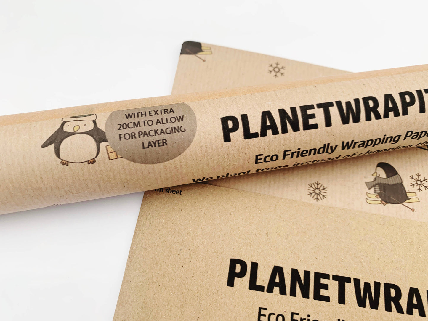 Christmas Penguins Recycled Eco Kraft Wrapping Paper: 3m x 50cm Roll