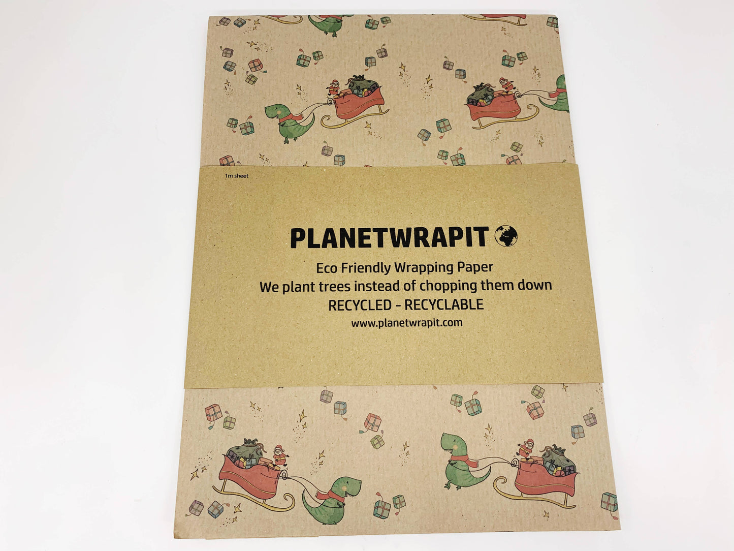 Christmas Dinosaur Recycled Eco Kraft Wrapping Paper: 3m x 50cm Roll