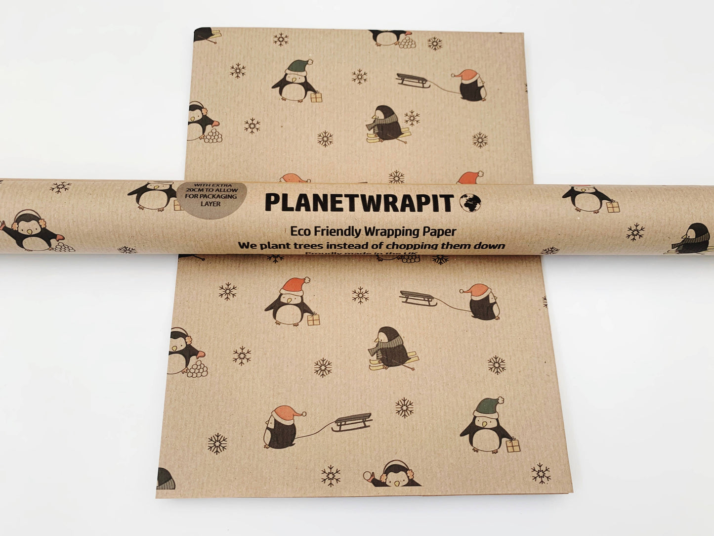 Christmas Penguins Recycled Eco Kraft Wrapping Paper: 3m x 50cm Roll