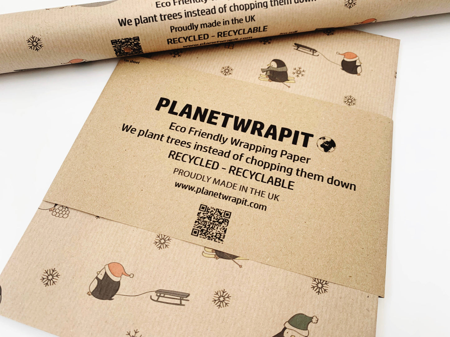 Christmas Penguins Recycled Eco Kraft Wrapping Paper: 3m x 50cm Roll