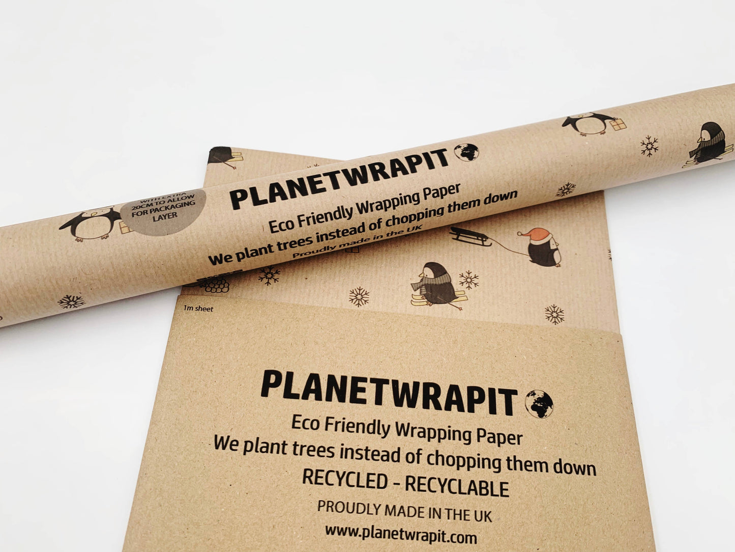 Christmas Penguins Recycled Eco Kraft Wrapping Paper: 3m x 50cm Roll