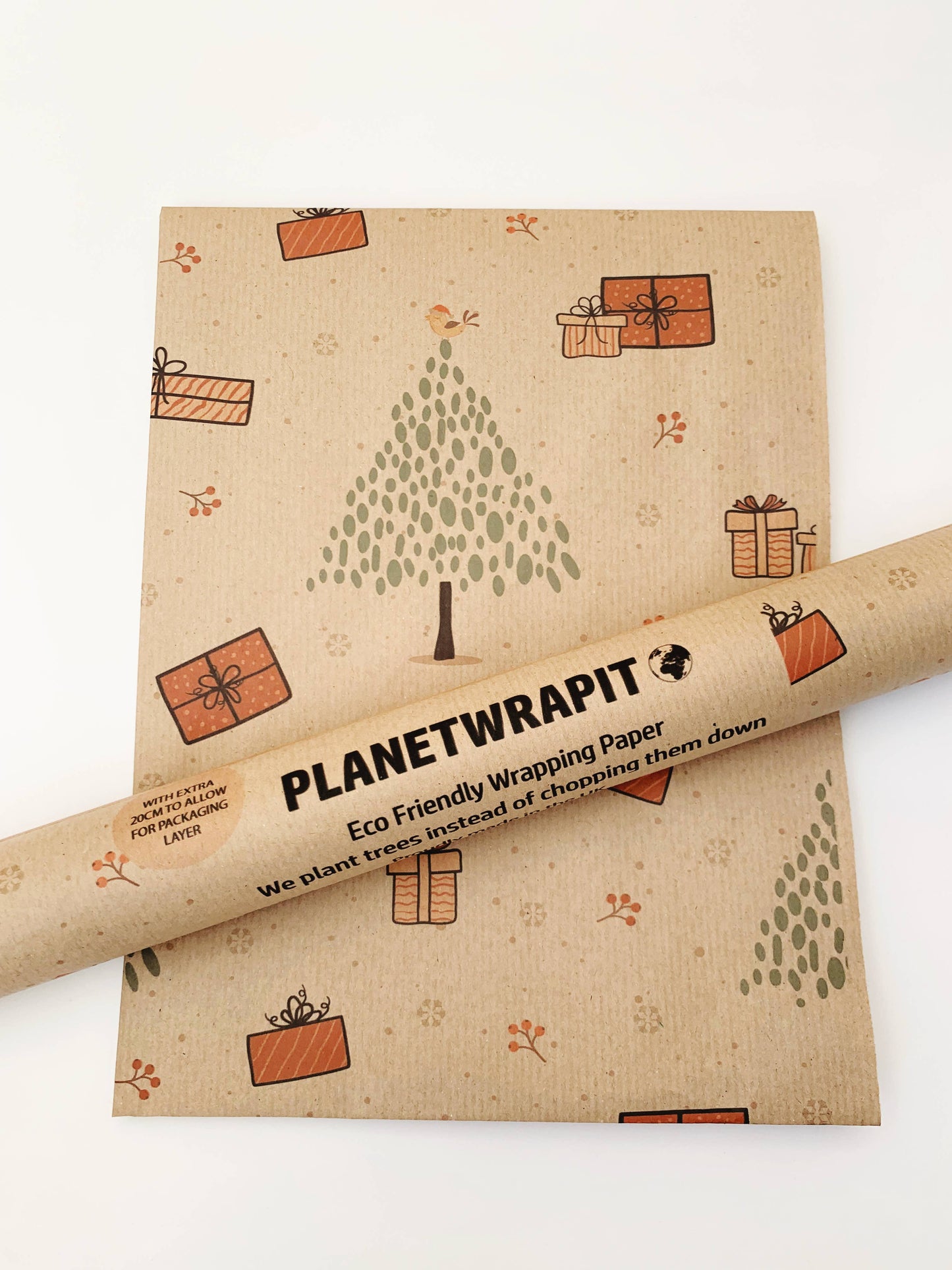 Christmas Trees and Gifts Recycled Eco Kraft Wrapping Paper: 3m x 50cm Roll