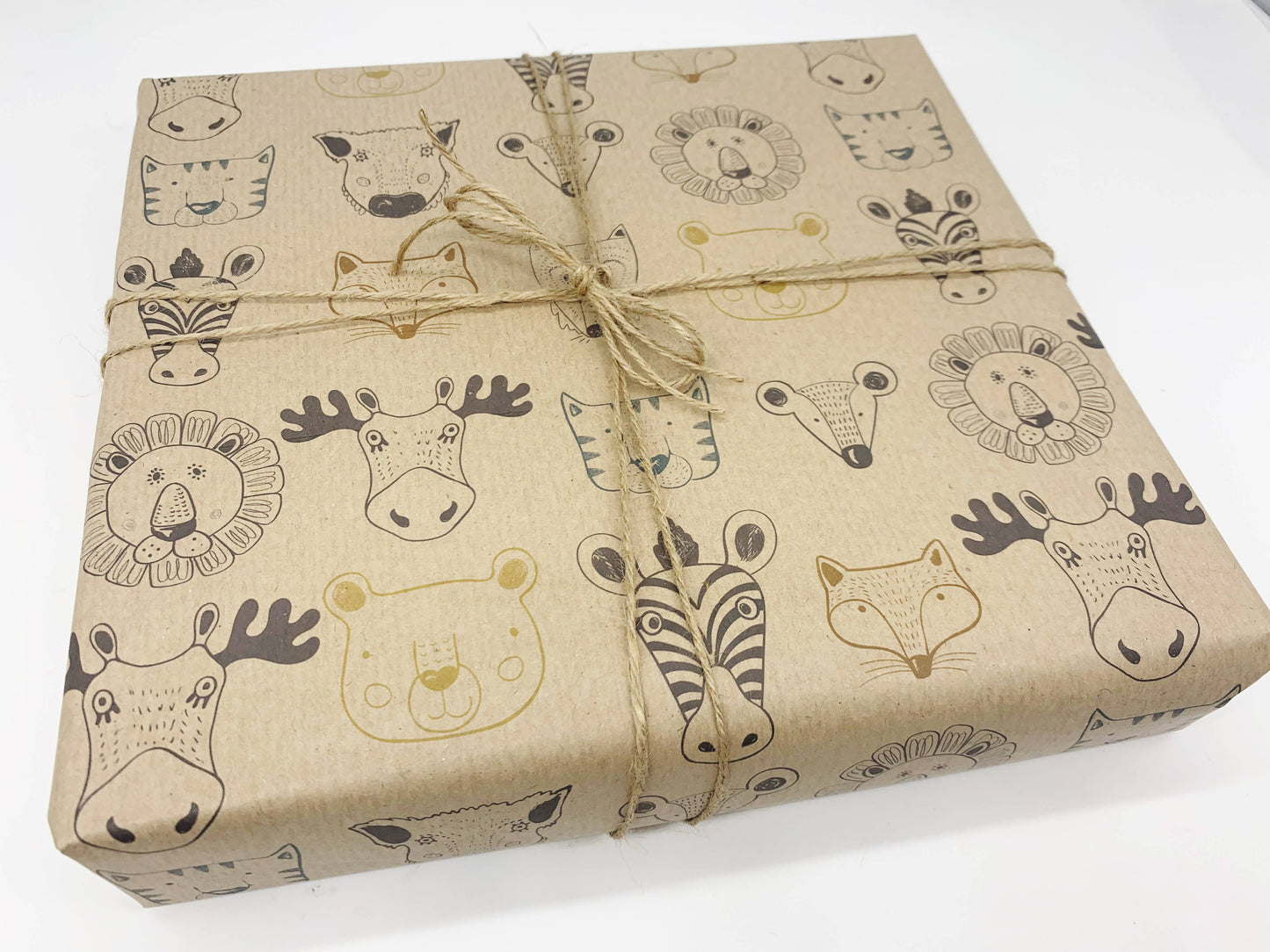 Wild Animals Recycled Eco Kraft Wrapping Paper: 3m x 50cm Roll