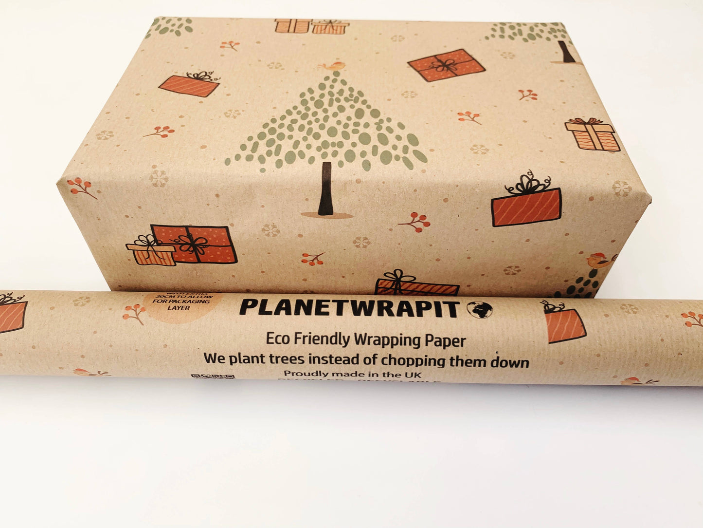 Christmas Trees and Gifts Recycled Eco Kraft Wrapping Paper: 3m x 50cm Roll