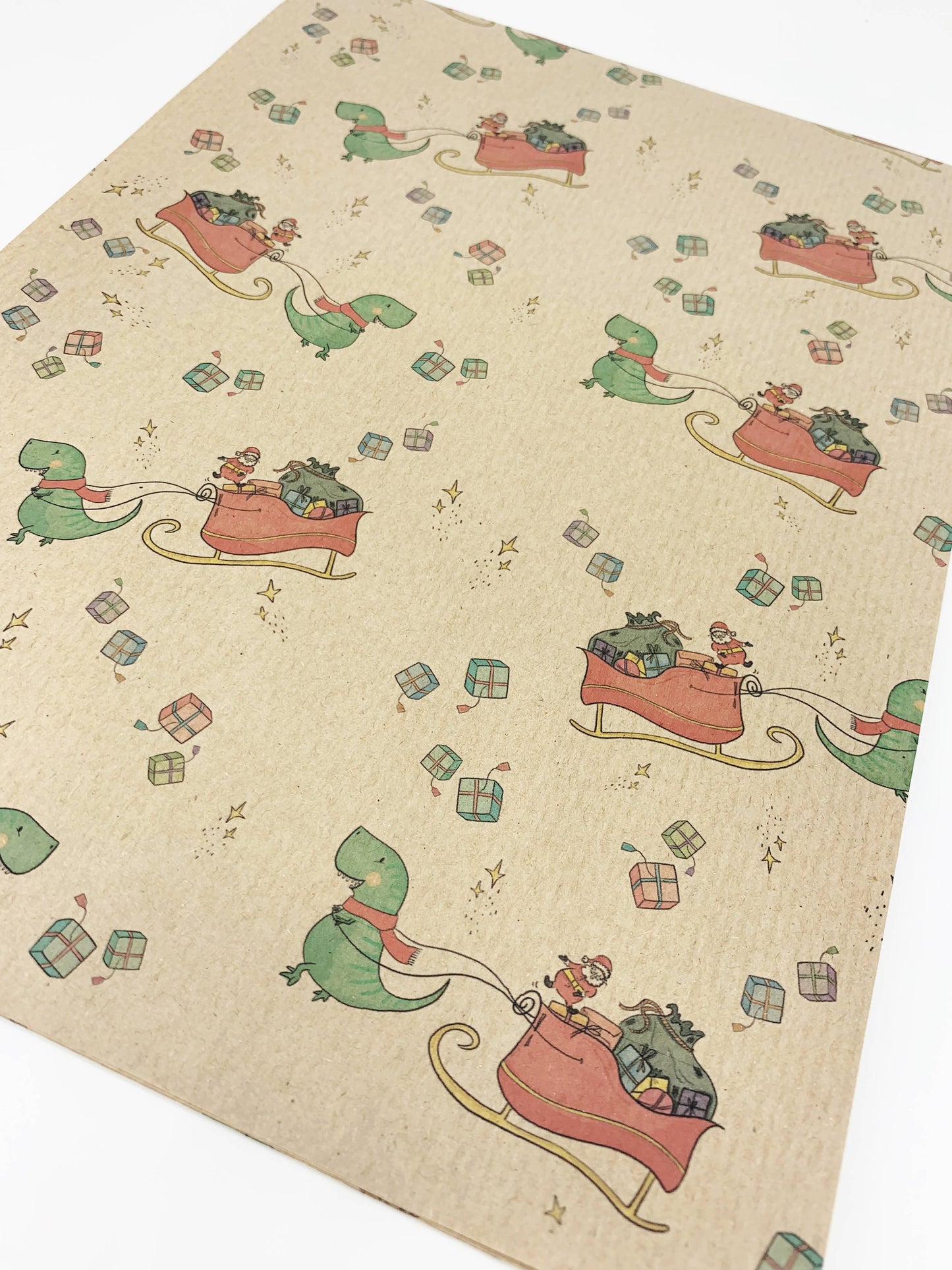 Christmas Dinosaur Recycled Eco Kraft Wrapping Paper: 3m x 50cm Roll