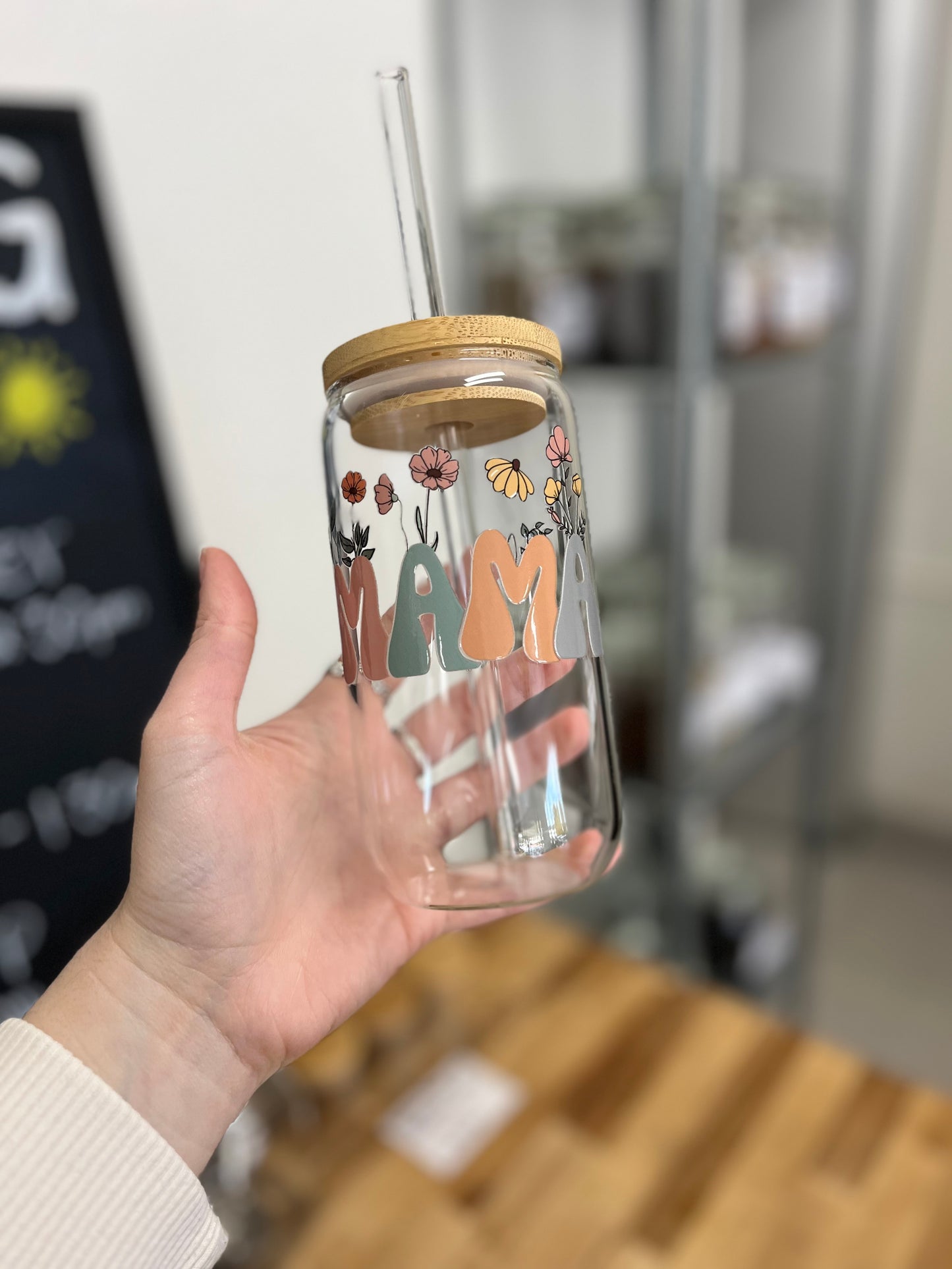Glass Cup with Bamboo Lid and Glass Straw