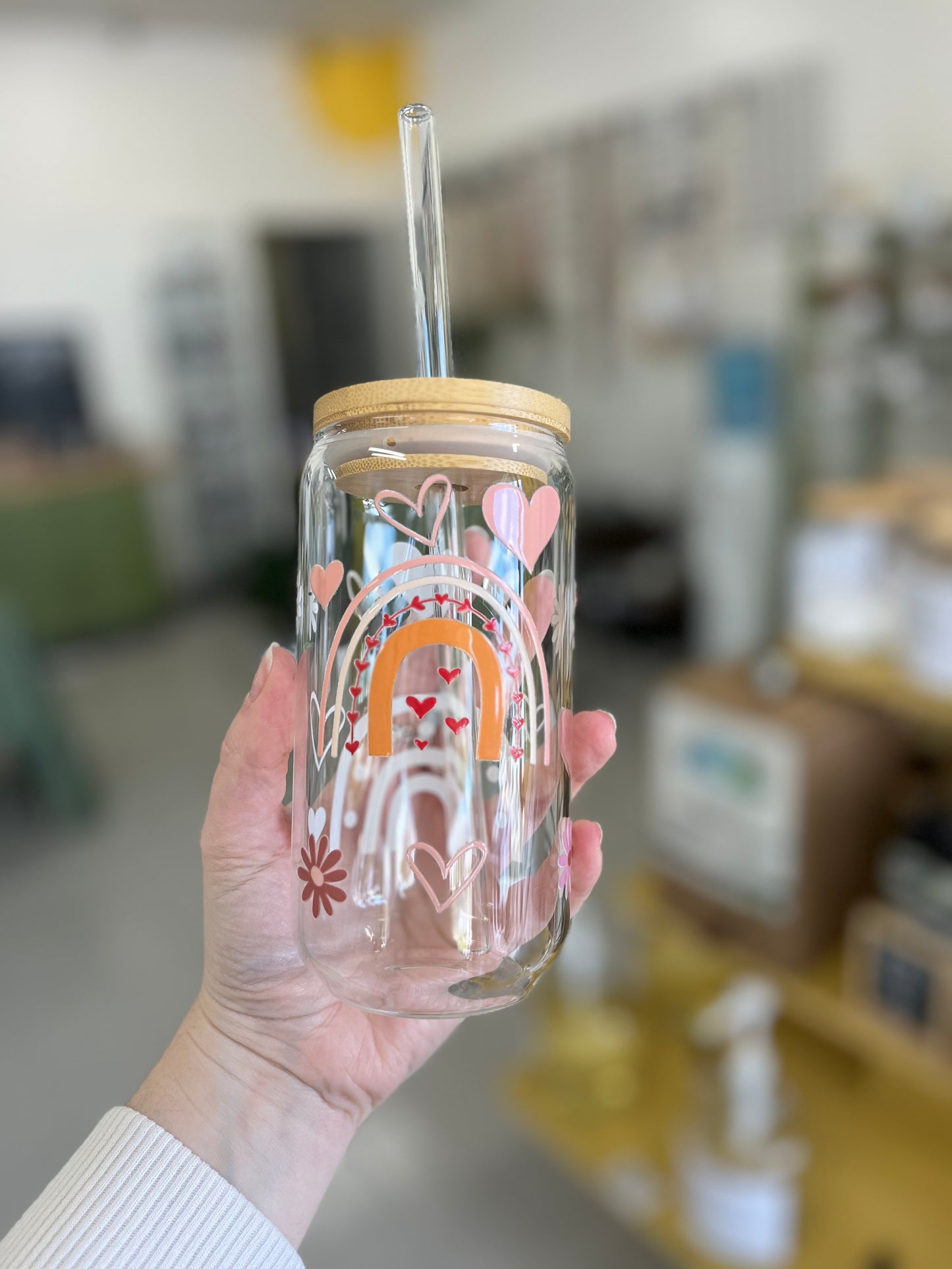 Glass Cup with Bamboo Lid and Glass Straw