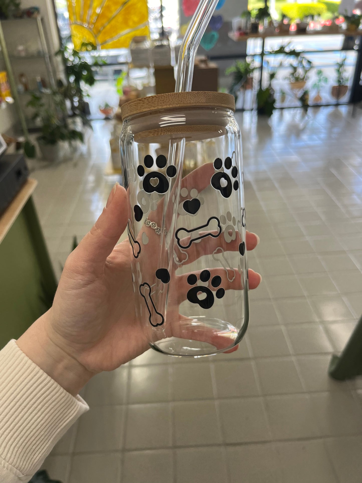 Glass Cup with Bamboo Lid and Glass Straw