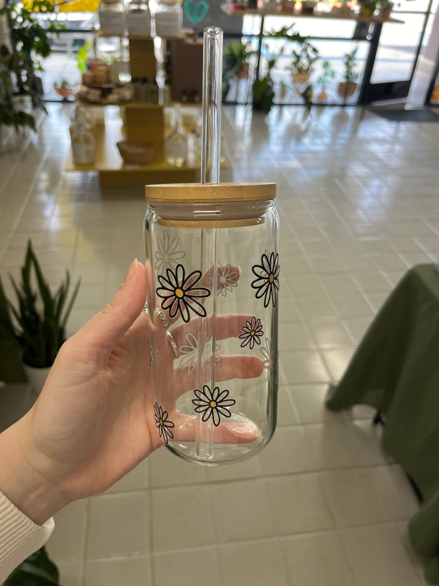Glass Cup with Bamboo Lid and Glass Straw