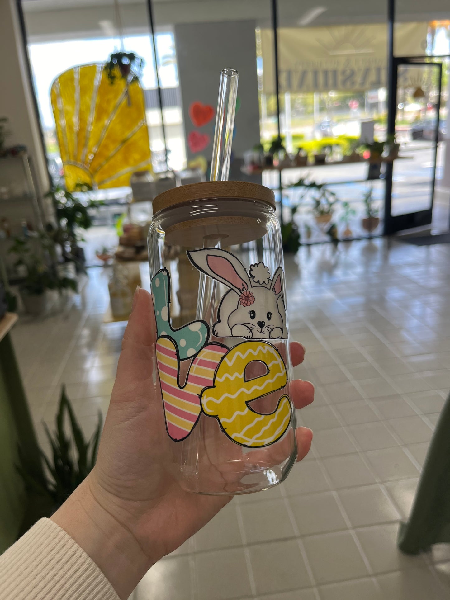 Glass Cup with Bamboo Lid and Glass Straw