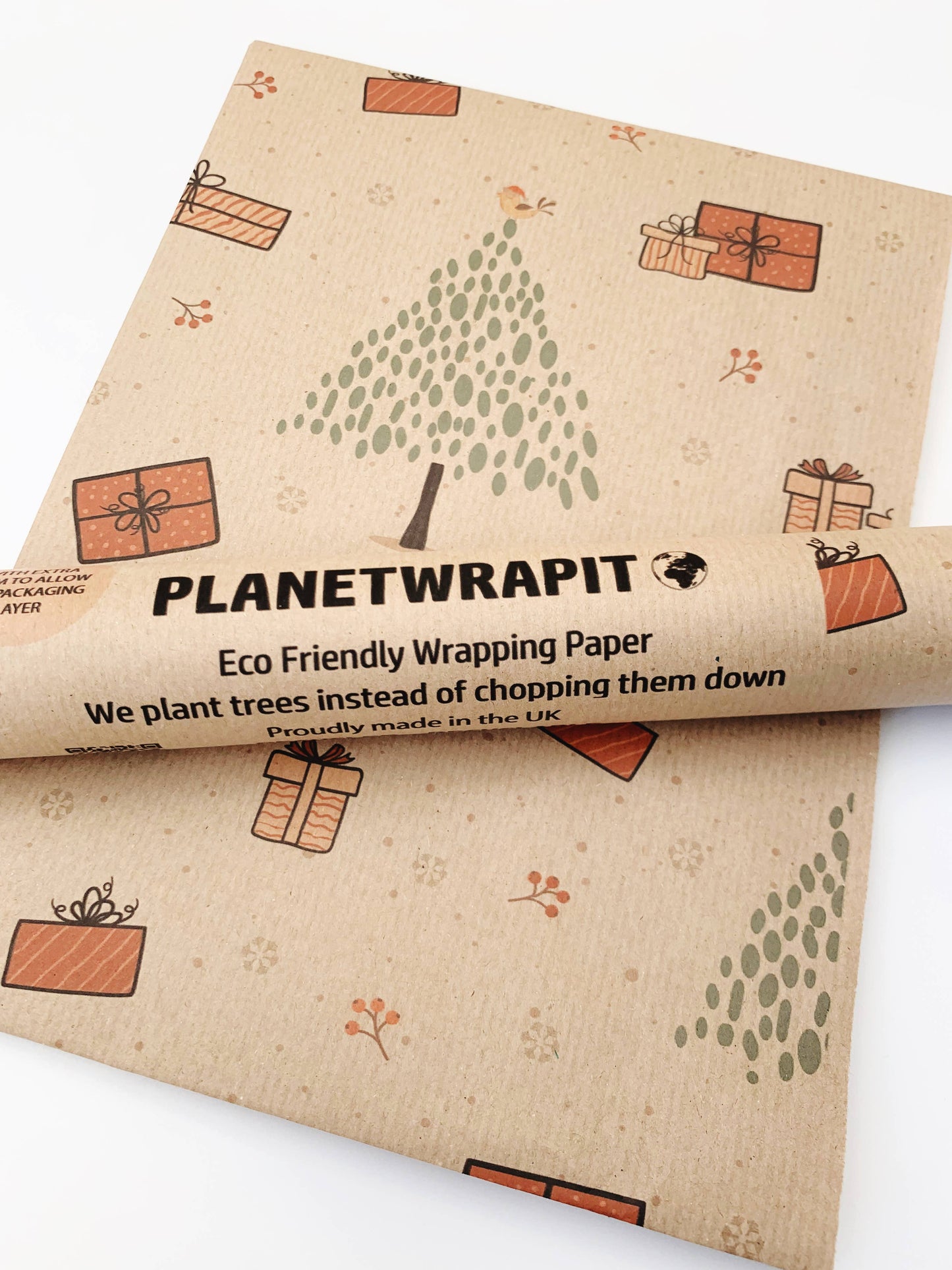 Christmas Trees and Gifts Recycled Eco Kraft Wrapping Paper: 3m x 50cm Roll