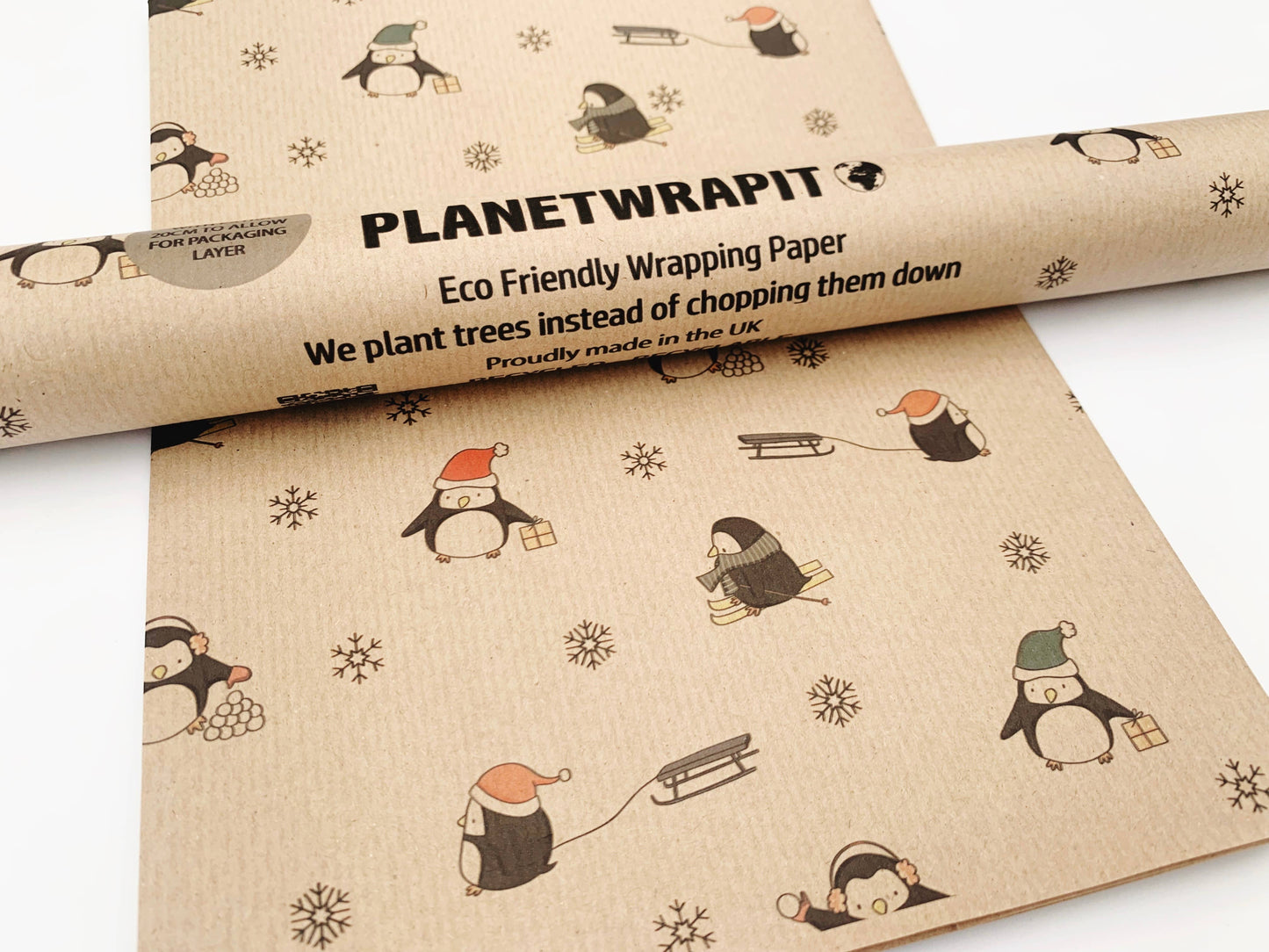 Christmas Penguins Recycled Eco Kraft Wrapping Paper: 3m x 50cm Roll