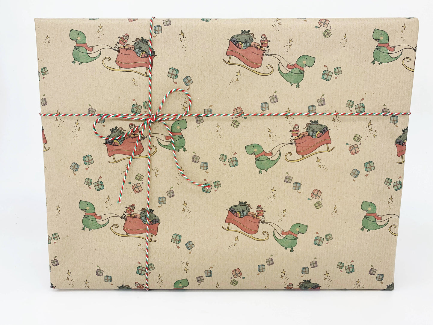 Christmas Dinosaur Recycled Eco Kraft Wrapping Paper: 3m x 50cm Roll