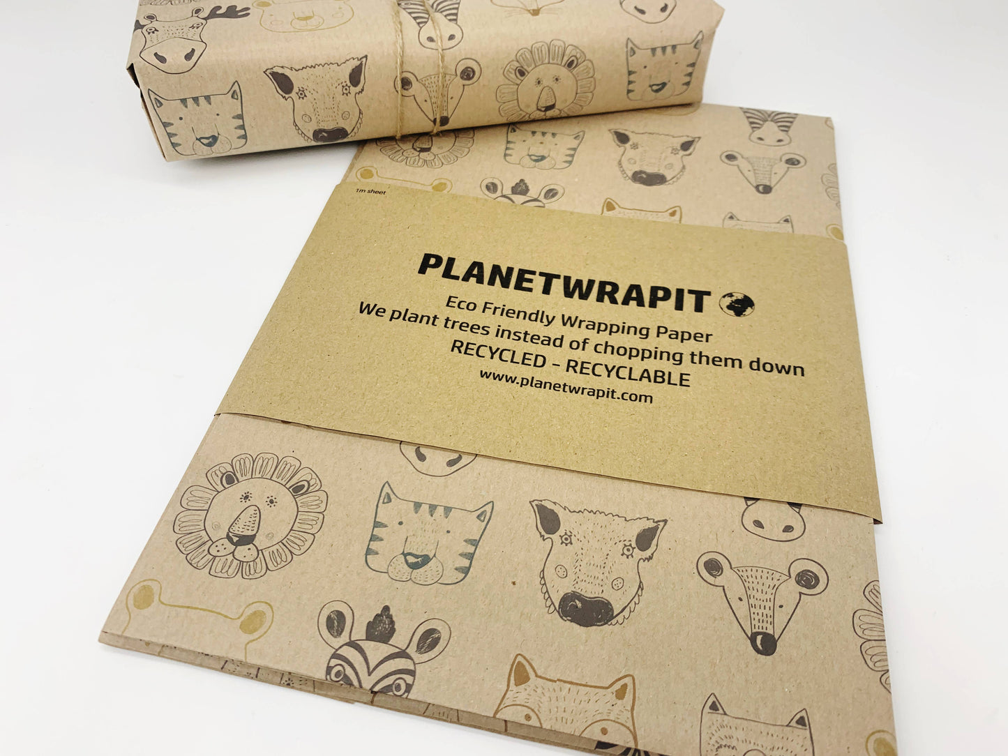 Wild Animals Recycled Eco Kraft Wrapping Paper: 3m x 50cm Roll